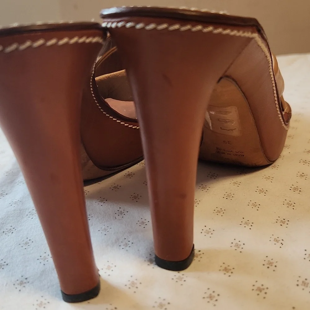 Yves Saint Laurent Tan Leather Cross-strap Heels Platform Slides Size 39/8.5